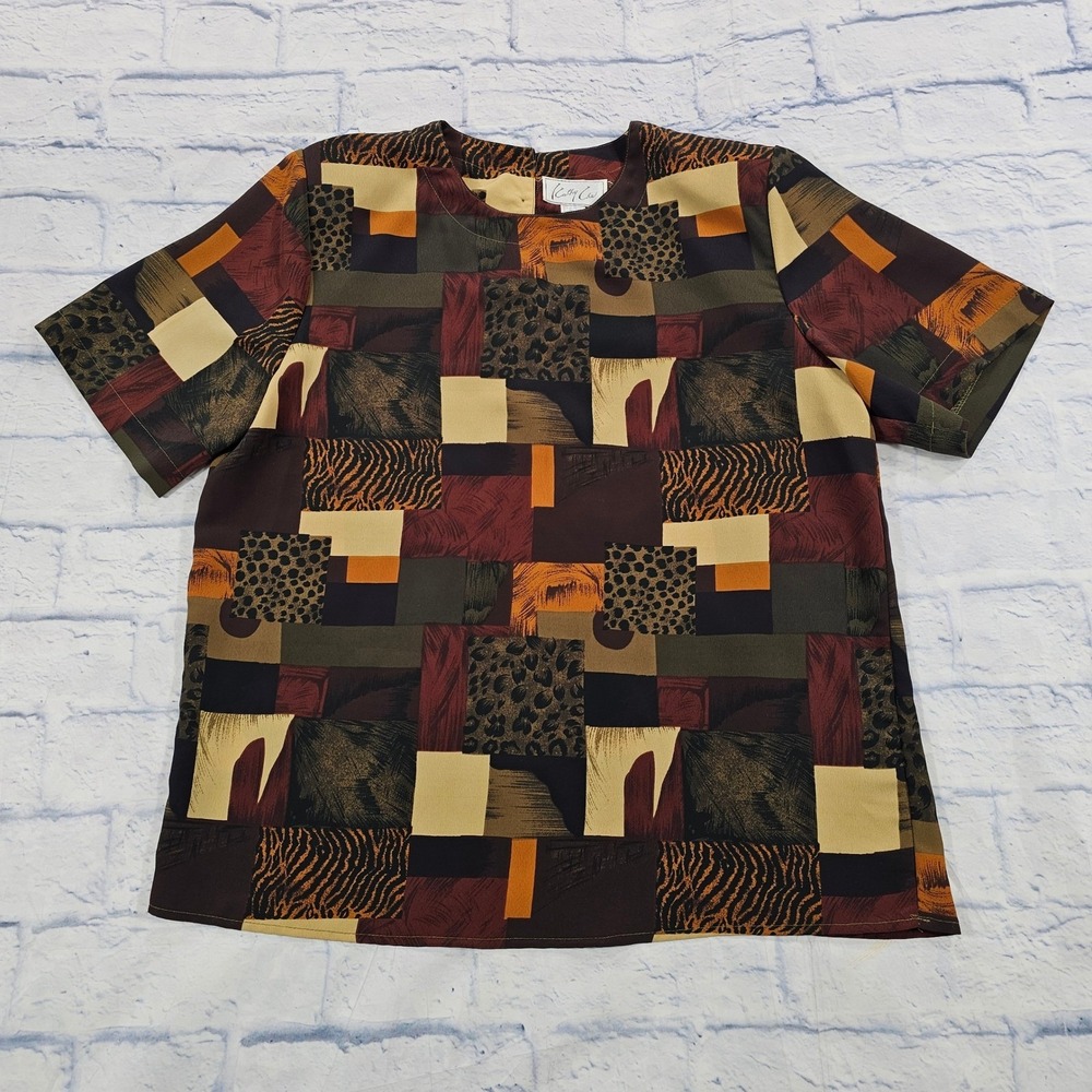 Kathy Che Patchwork Blouse WOMENS M Multicolor Animal Print Short Sleeve VINTAGE
